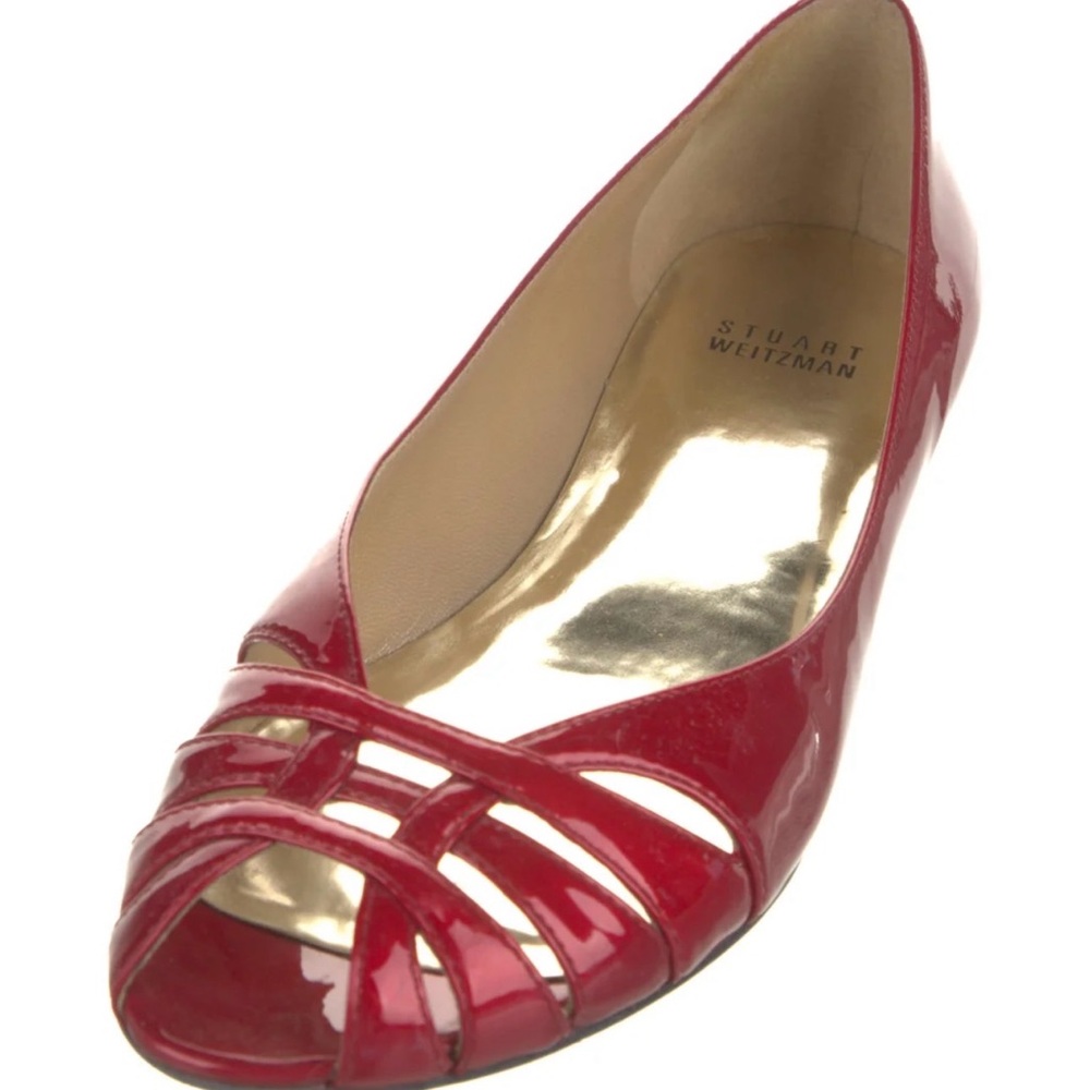 Stuart Weitzman Red Patent Peep-Toe Wedge Flats Size 10M - Picture 2 of 10